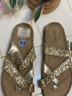 Nicole Gold Glitter Cross-Strap Slide Sandals - Women's